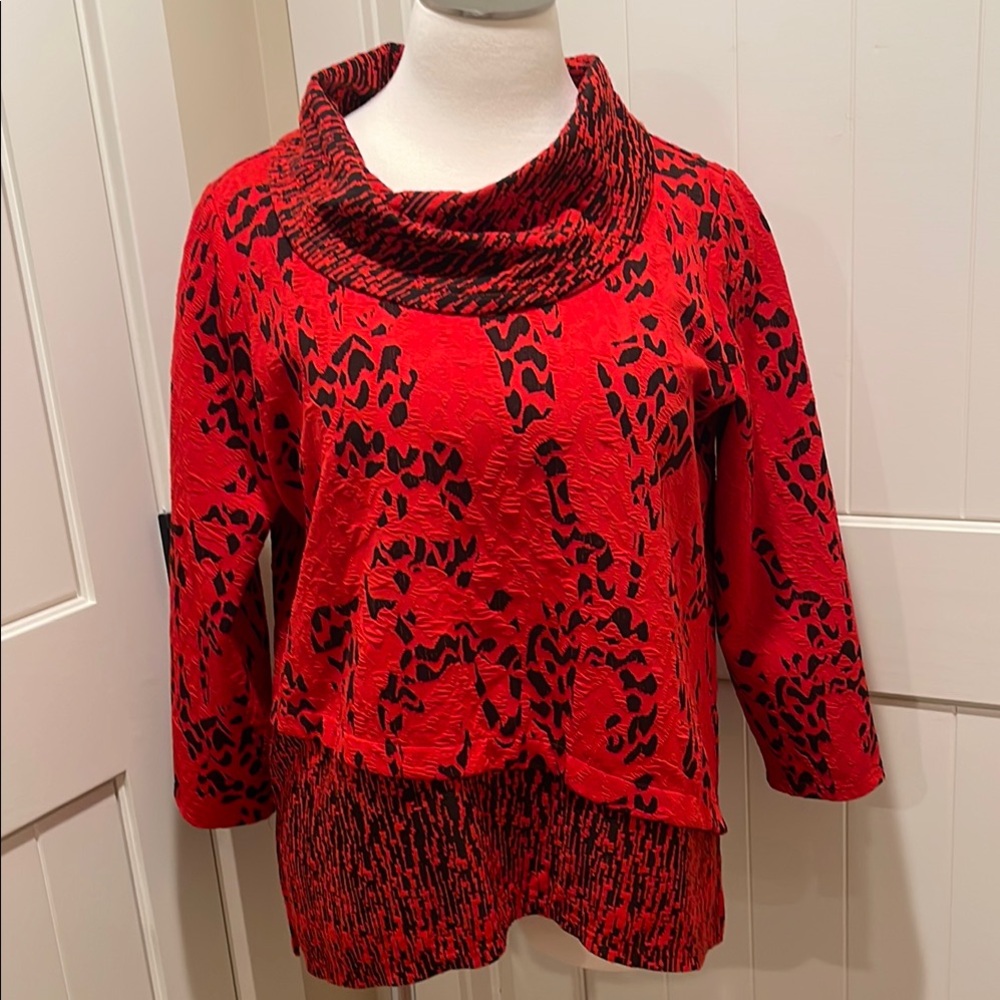 ALI MILES Size 2X Tunic Cowl Neck Long Sleeve EUC Hi Low Jacquard Red/Black